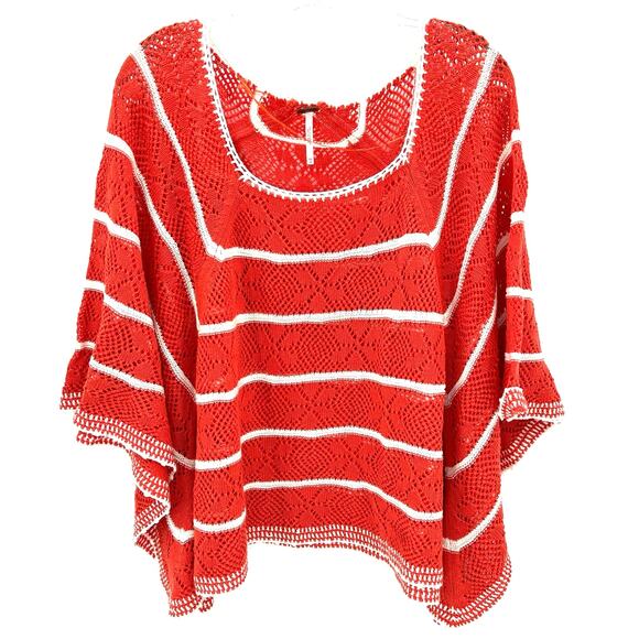 Free People women’s oversized orange and white striped knit poncho sweater - Picture 2 of 7
